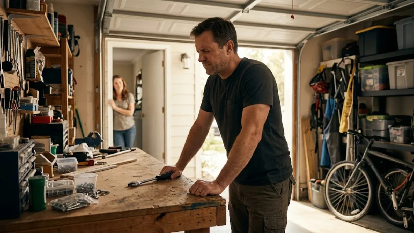 Man leaning on a garage workbench with a tense expression as his partner watches with concern from the doorway