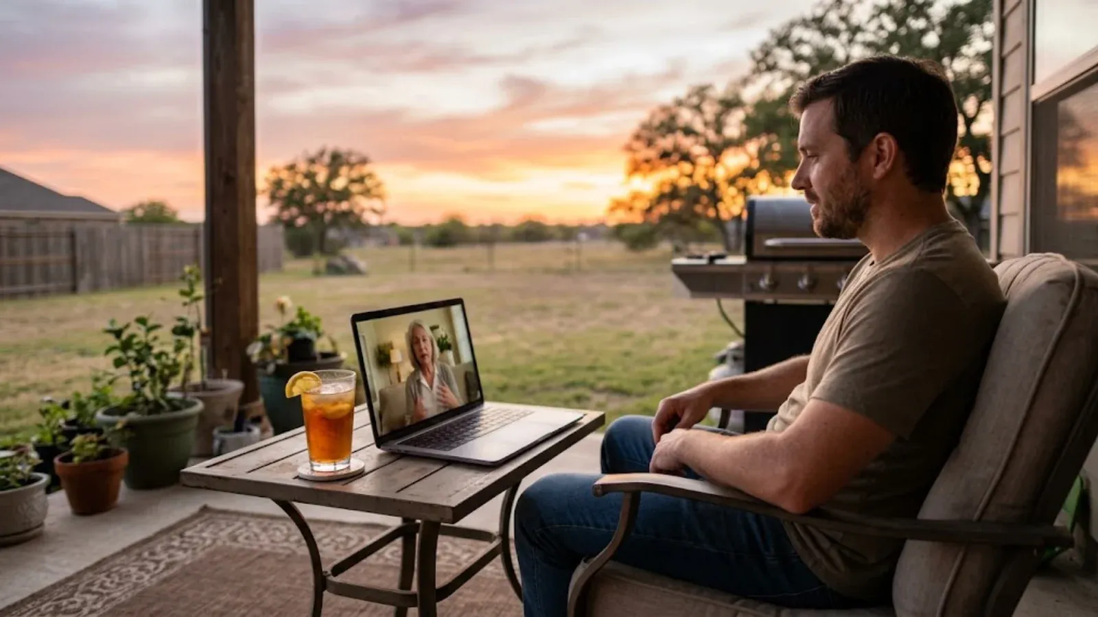 Man on his back patio at sunset attending a telepsychiatry video appointment on a laptop, iced tea beside him