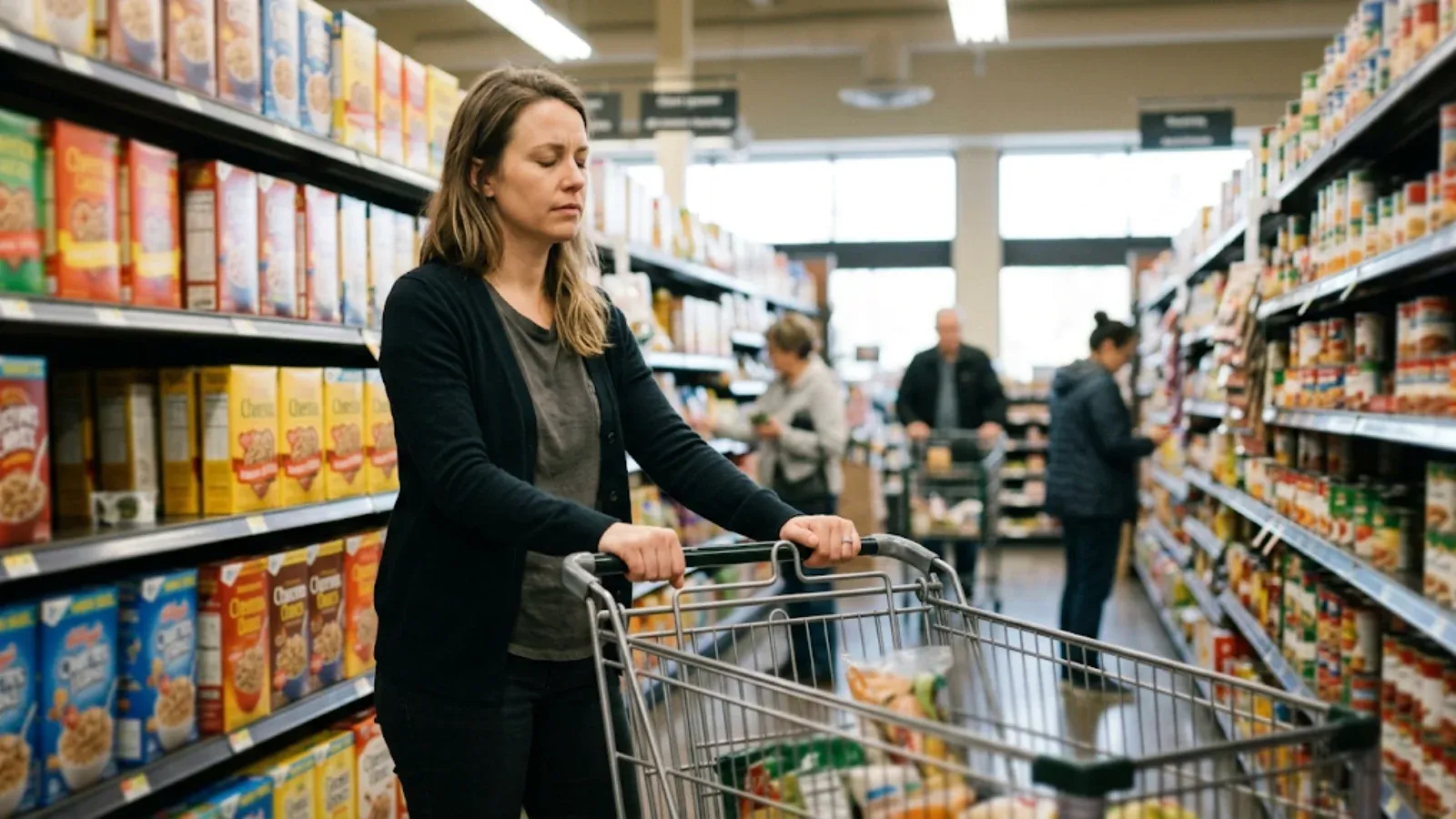 Woman standing still in a grocery store aisle gripping her cart, looking tense and overwhelmed