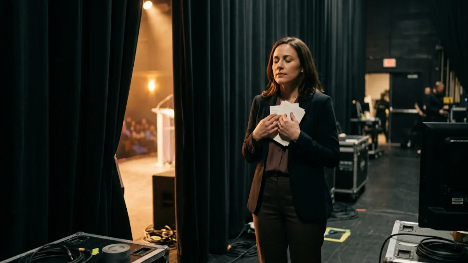 Woman backstage by a stage curtain holding note cards to her chest, eyes closed, taking a deep breath before speaking