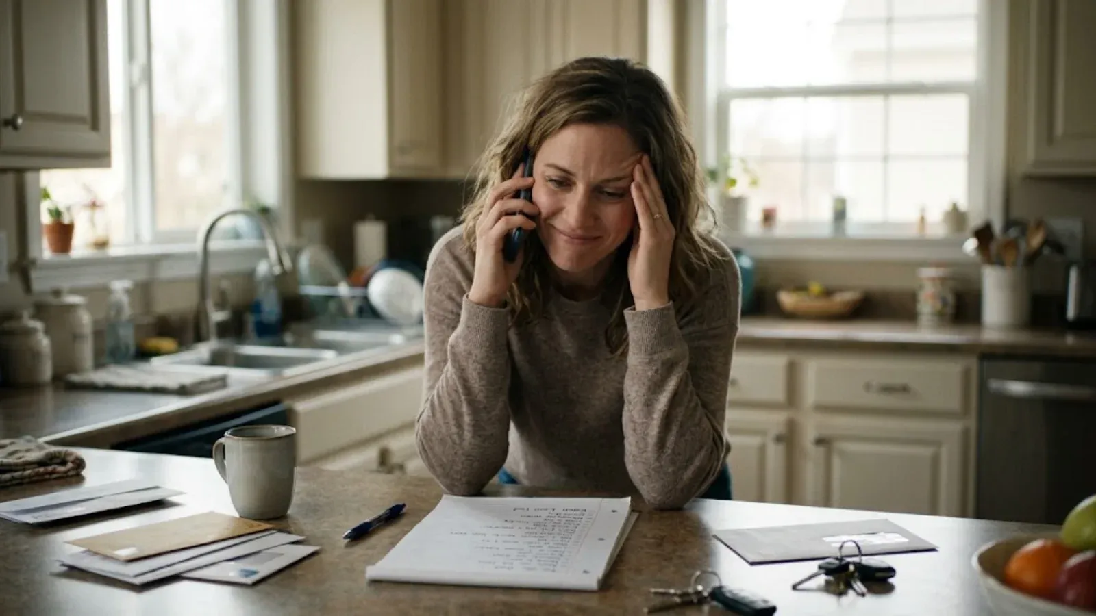 Woman in her kitchen on the phone agreeing to another favor, hand pressed to her temple beside a long to-do list