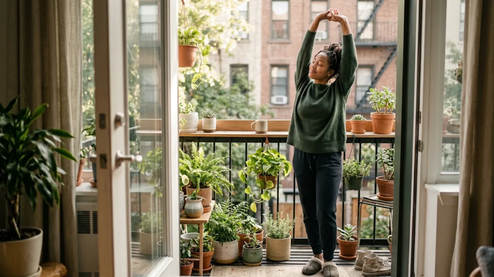Woman stretching with eyes closed and a smile on a sunny balcony full of plants on a fresh morning