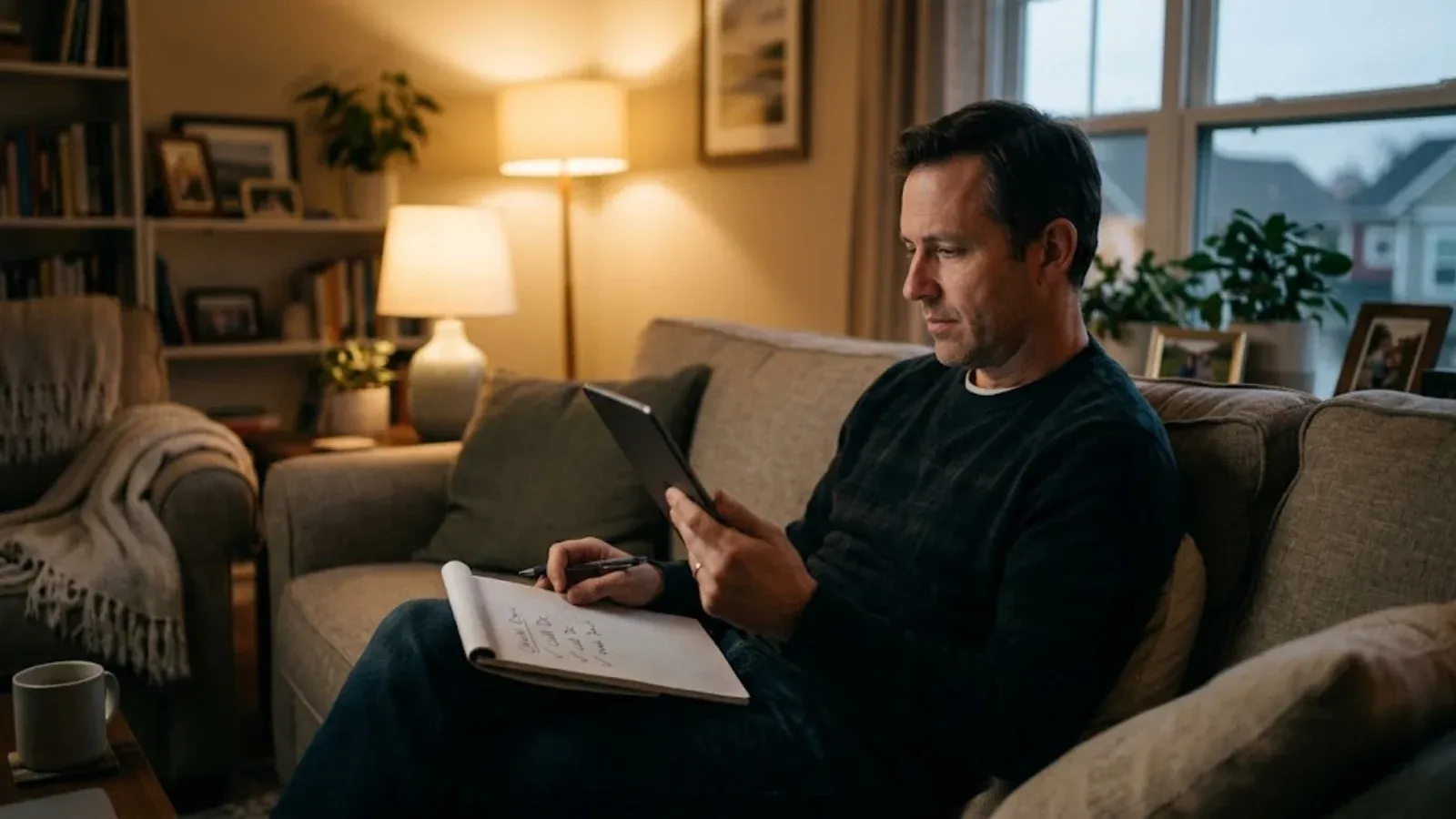Man on his couch in the evening holding his phone and a notebook, researching local mental health providers