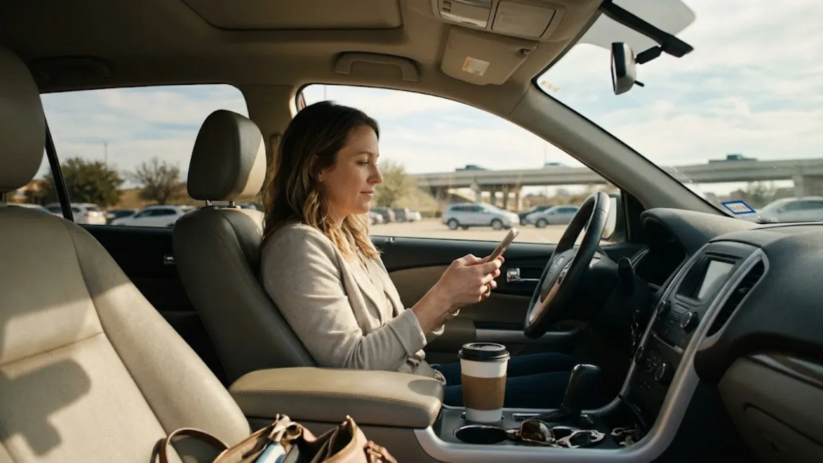 Woman in her parked car in a sunny suburban lot searching her phone for a local psychiatrist, coffee in the cup holder