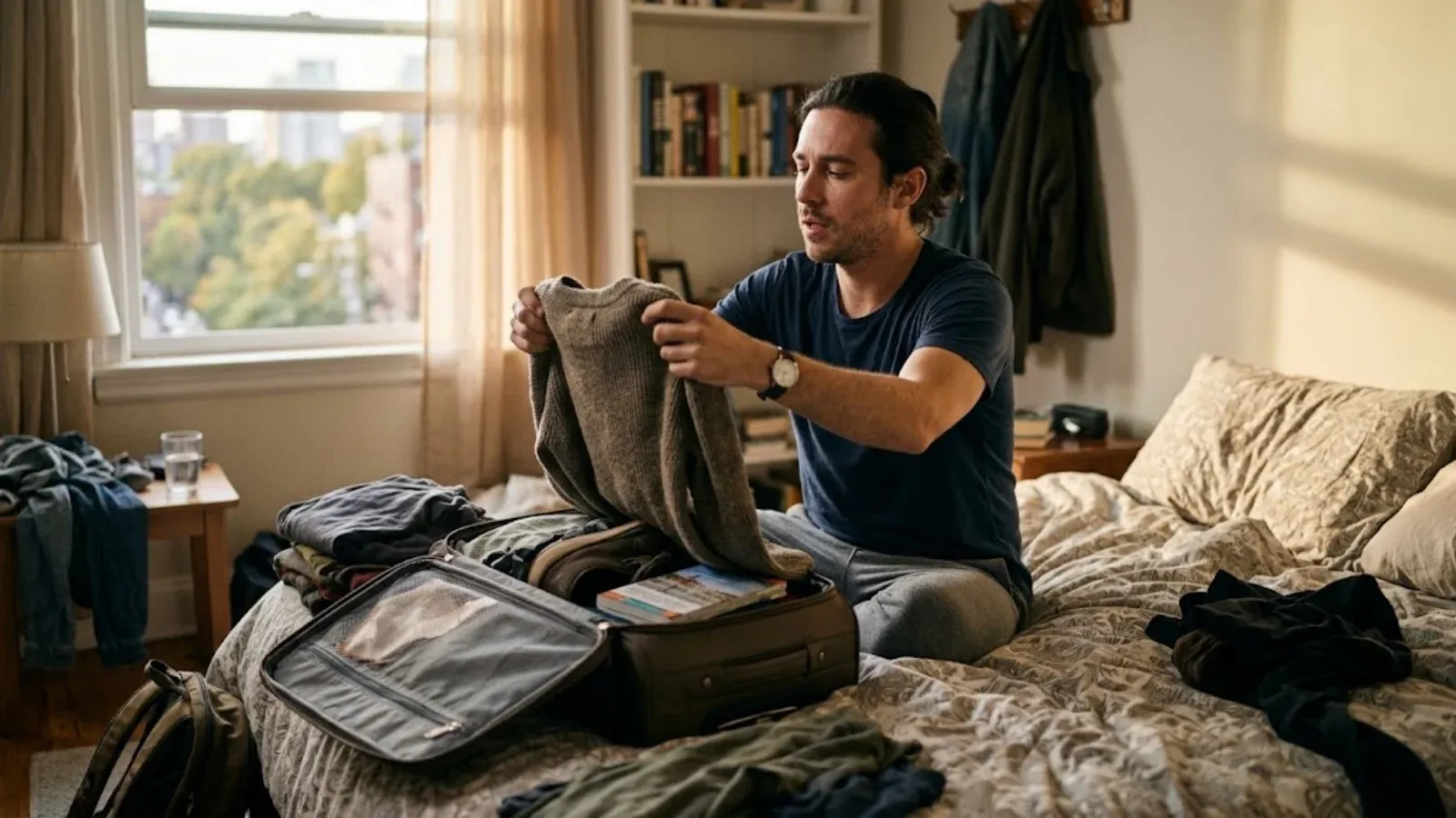 A man unpacking a suitcase after a holiday trip