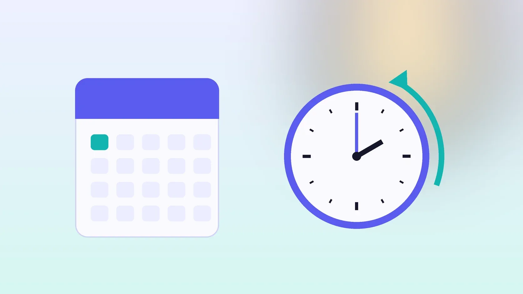 Illustration of a calendar with the first day highlighted beside a clock turned back one hour in morning light.