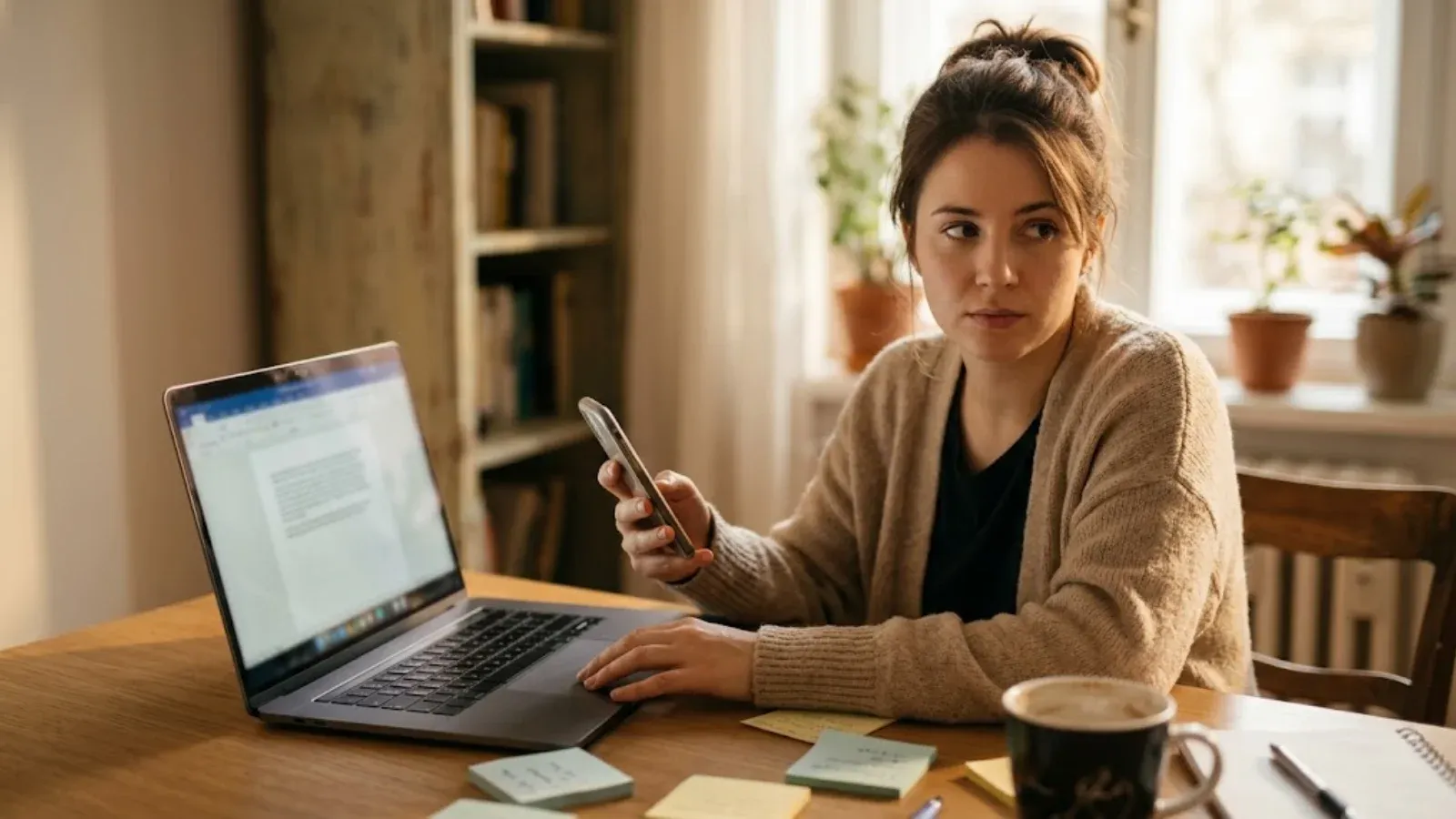 A young woman at a home desk glancing at her phone instead of an unfinished task on her laptop