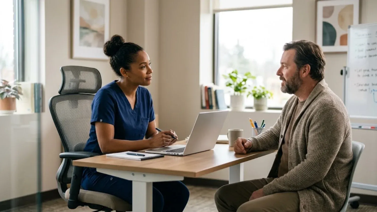 A nurse practitioner in scrubs talking with an adult patient in a bright clinic office