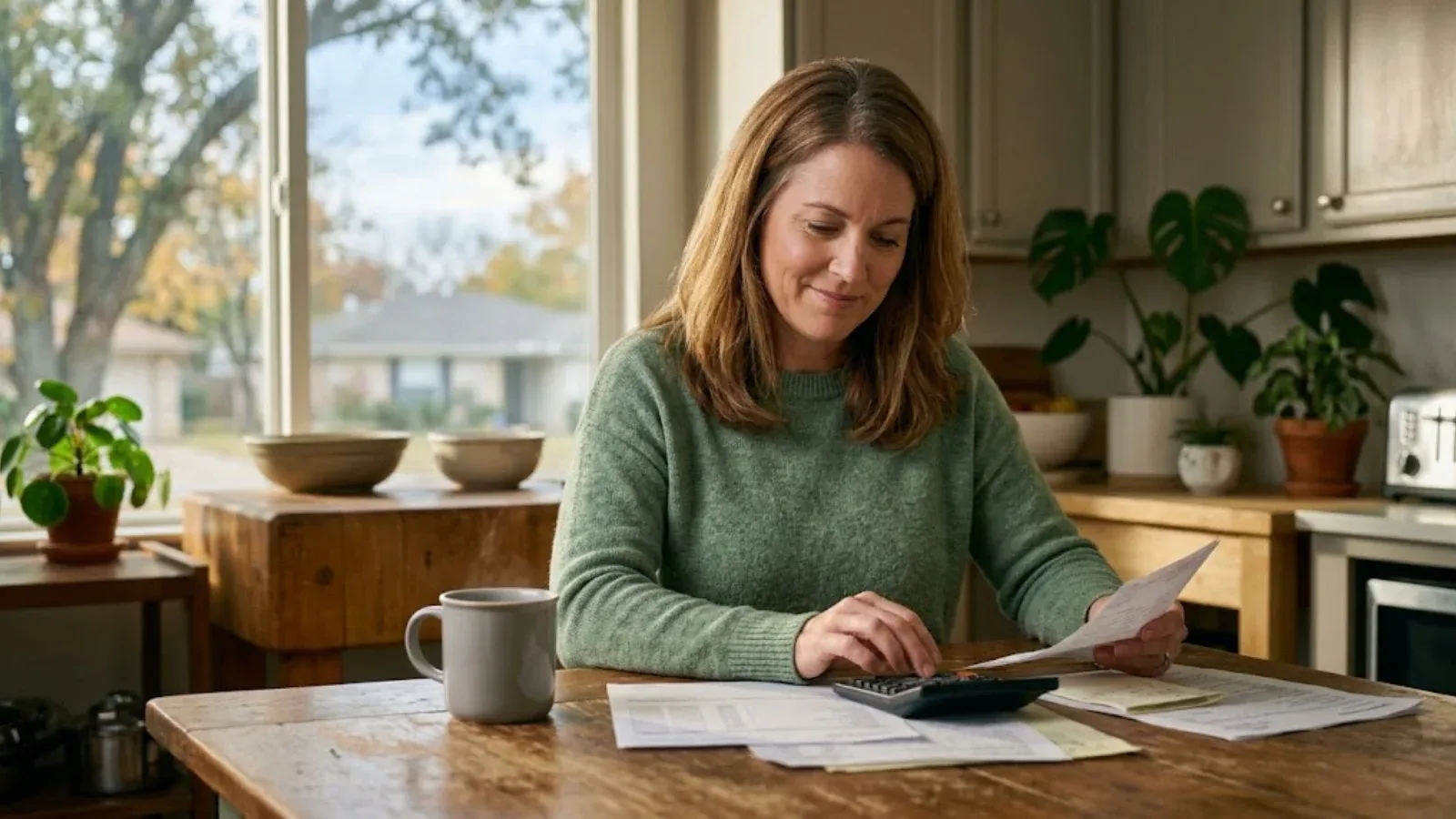 A woman reviewing paperwork at a kitchen table