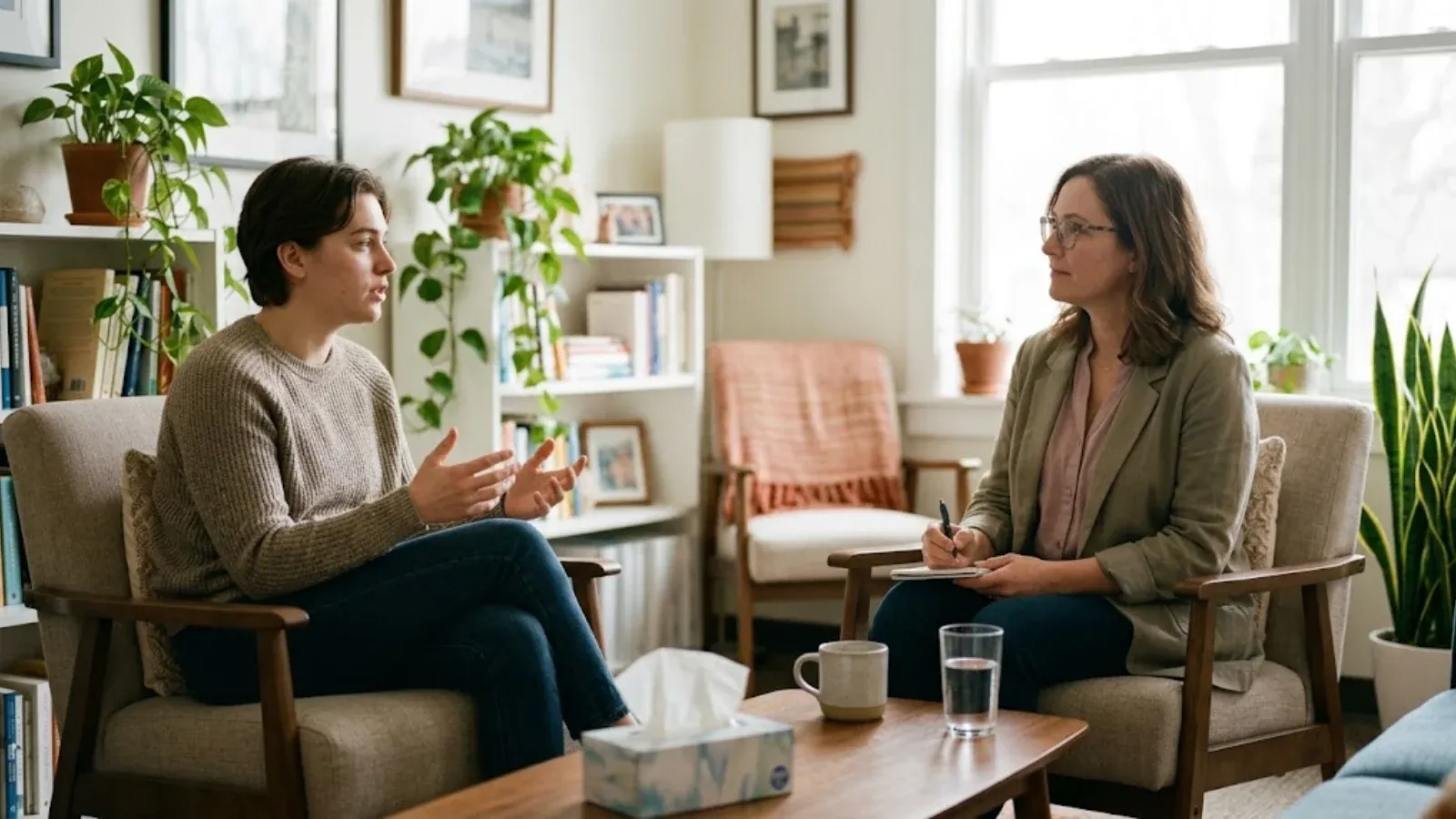 A young adult talking with a clinician in a bright, plant-filled office