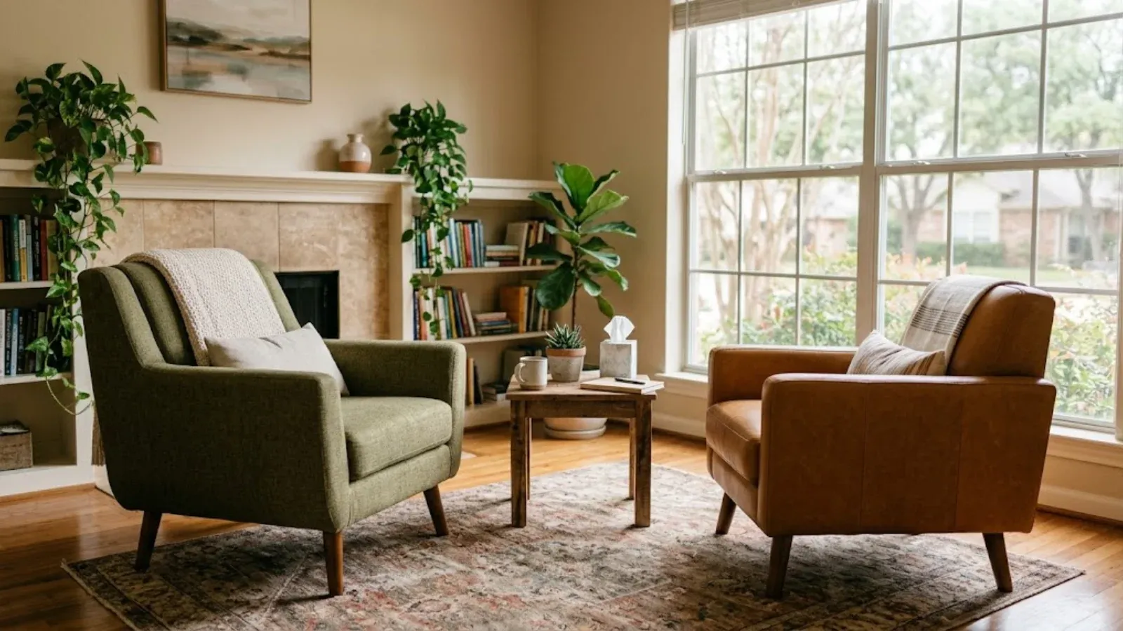 Two armchairs facing each other in a calm therapy office