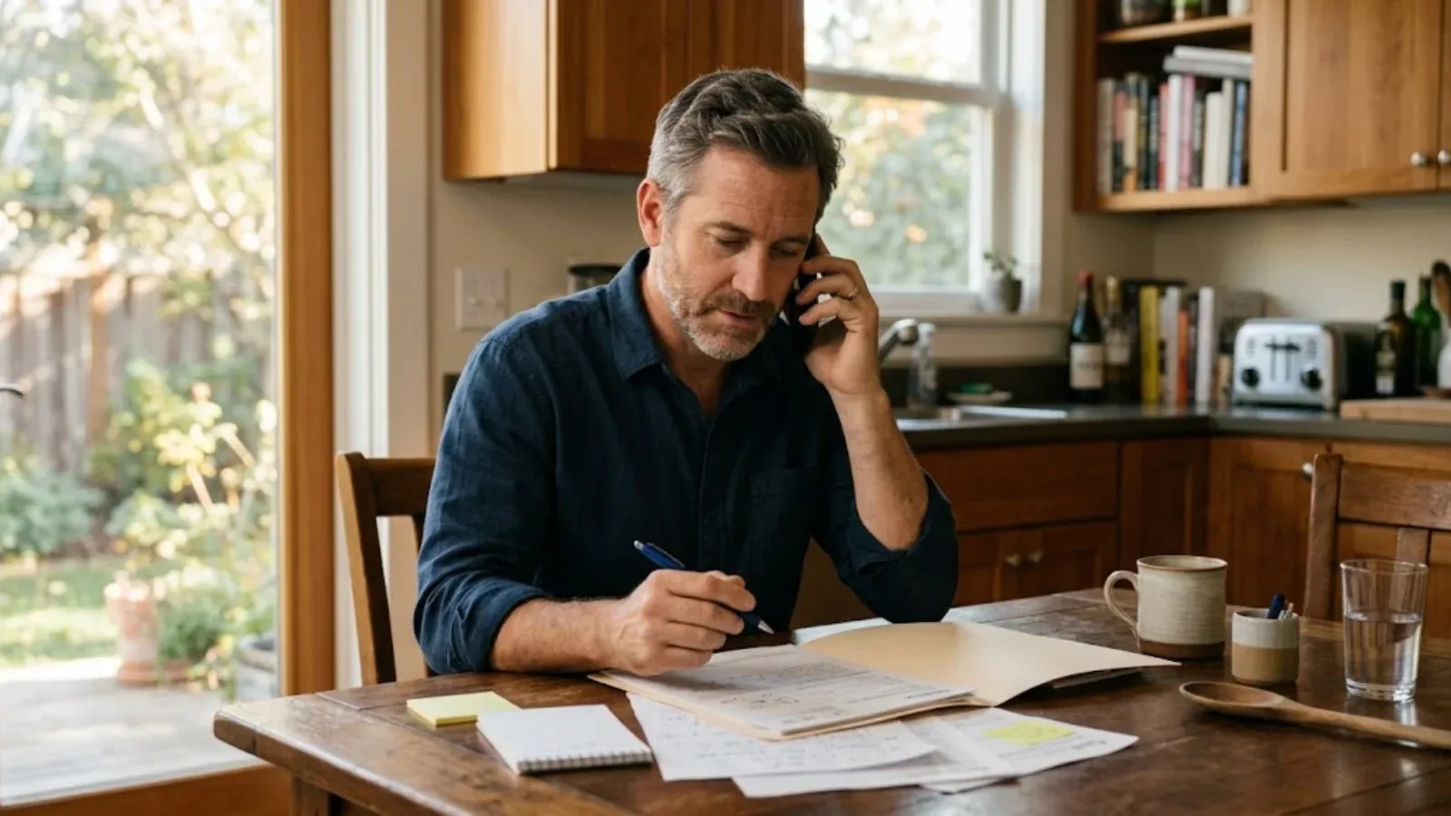 A man on the phone with his doctor's office at his kitchen table with a folder of paperwork