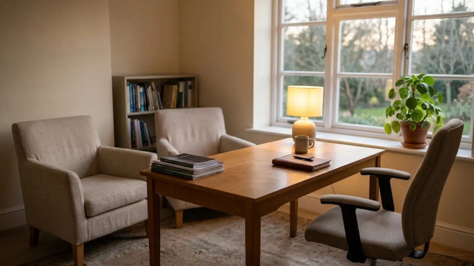A clinician office with a desk and two chairs