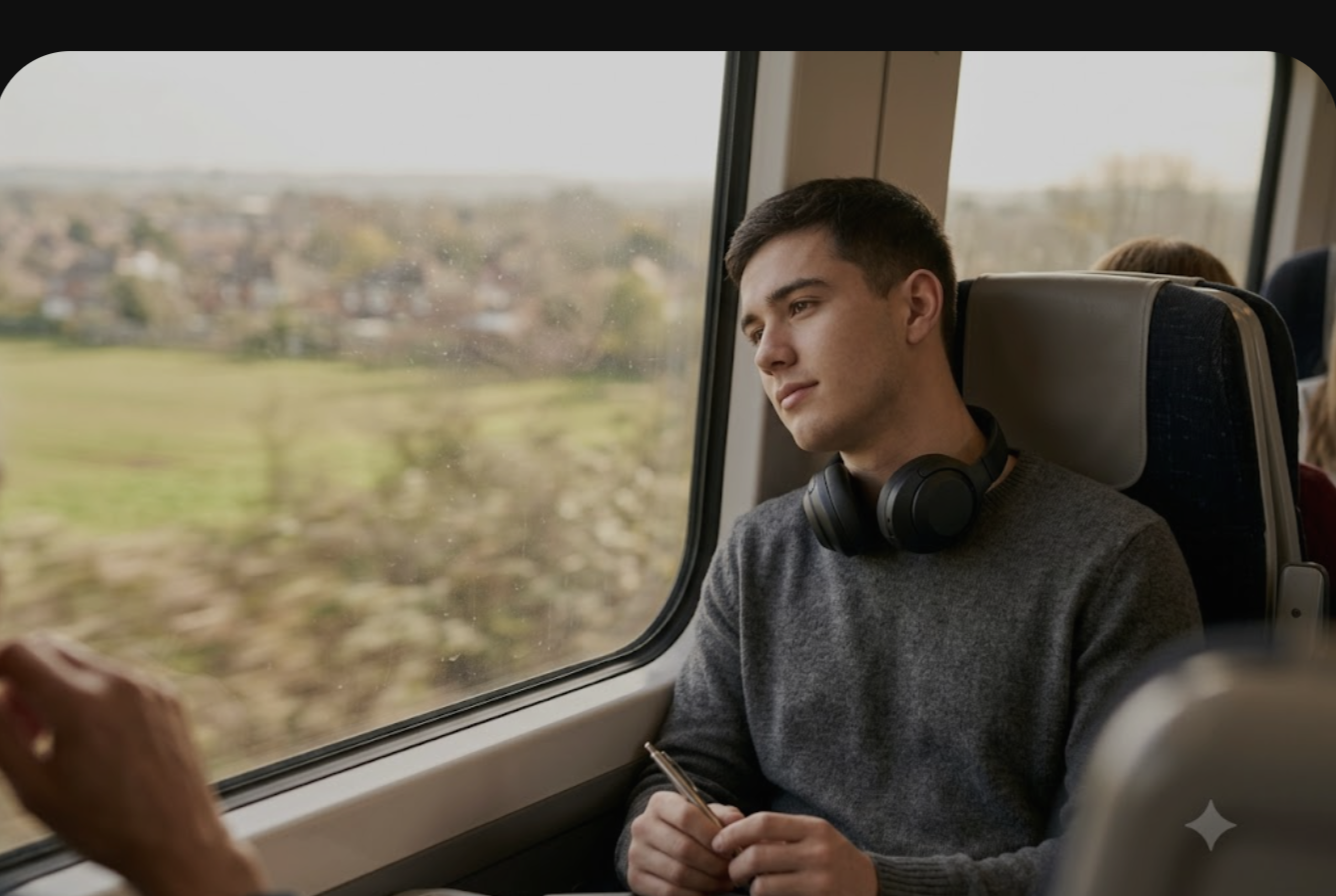 Young man calm at a train window on a morning commute, mind finally quiet after ERP treatment for Pure O OCD mental compulsions