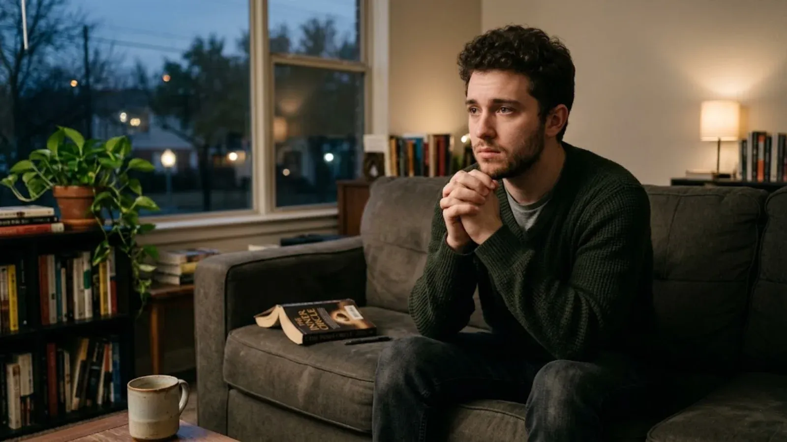 A young man on a couch with tightly clasped hands, lost in anxious thought