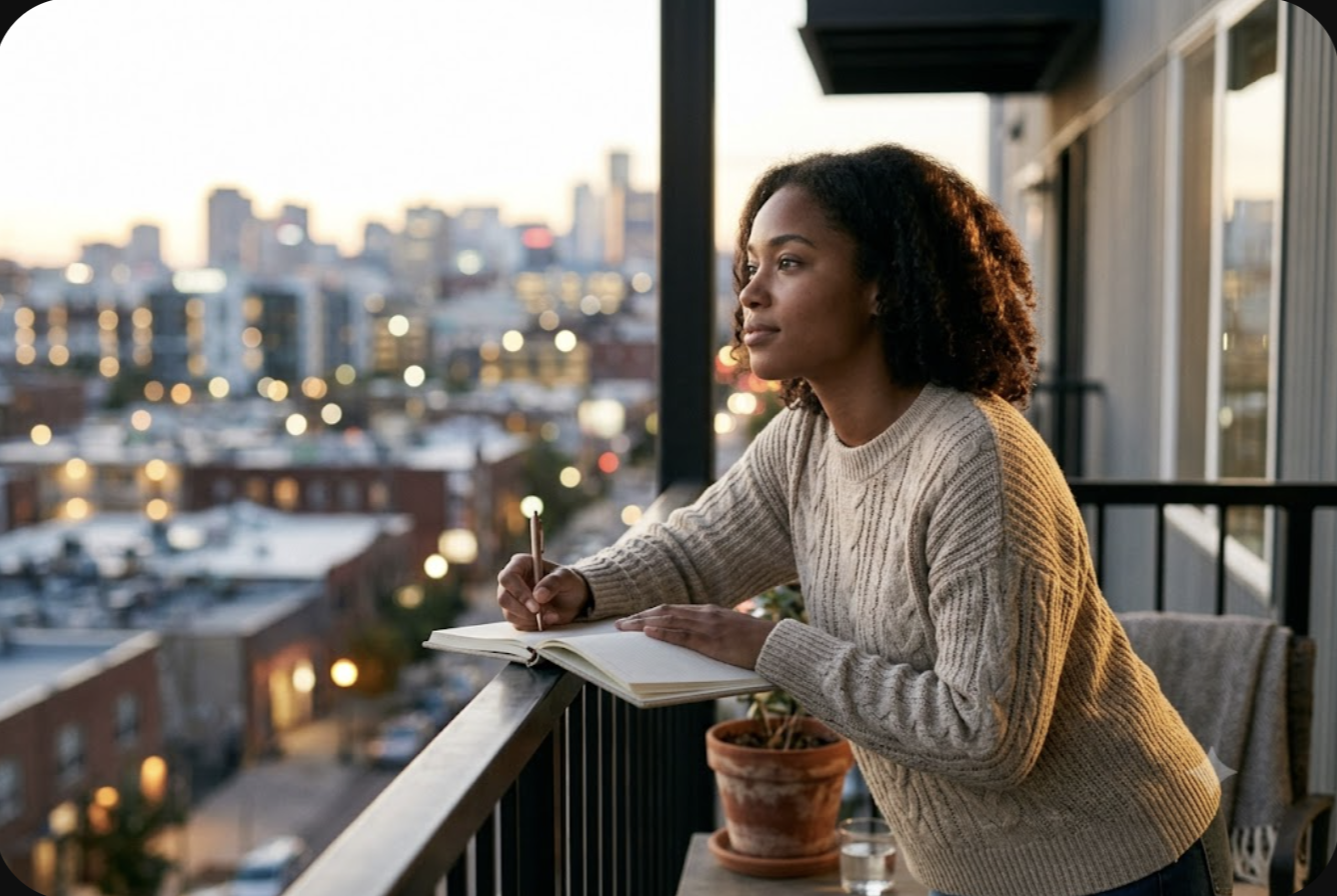 Woman in her mid 20s journaling on an apartment balcony at dusk with city lights glowing, working through a quarter-life crisis with hope