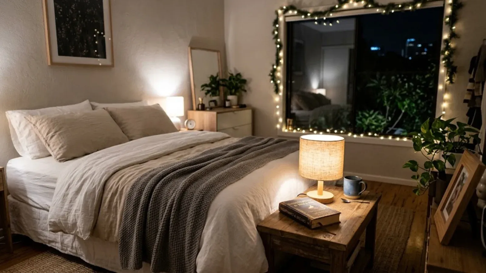 A cozy bedroom with a glowing bedside lamp and holiday lights in the window