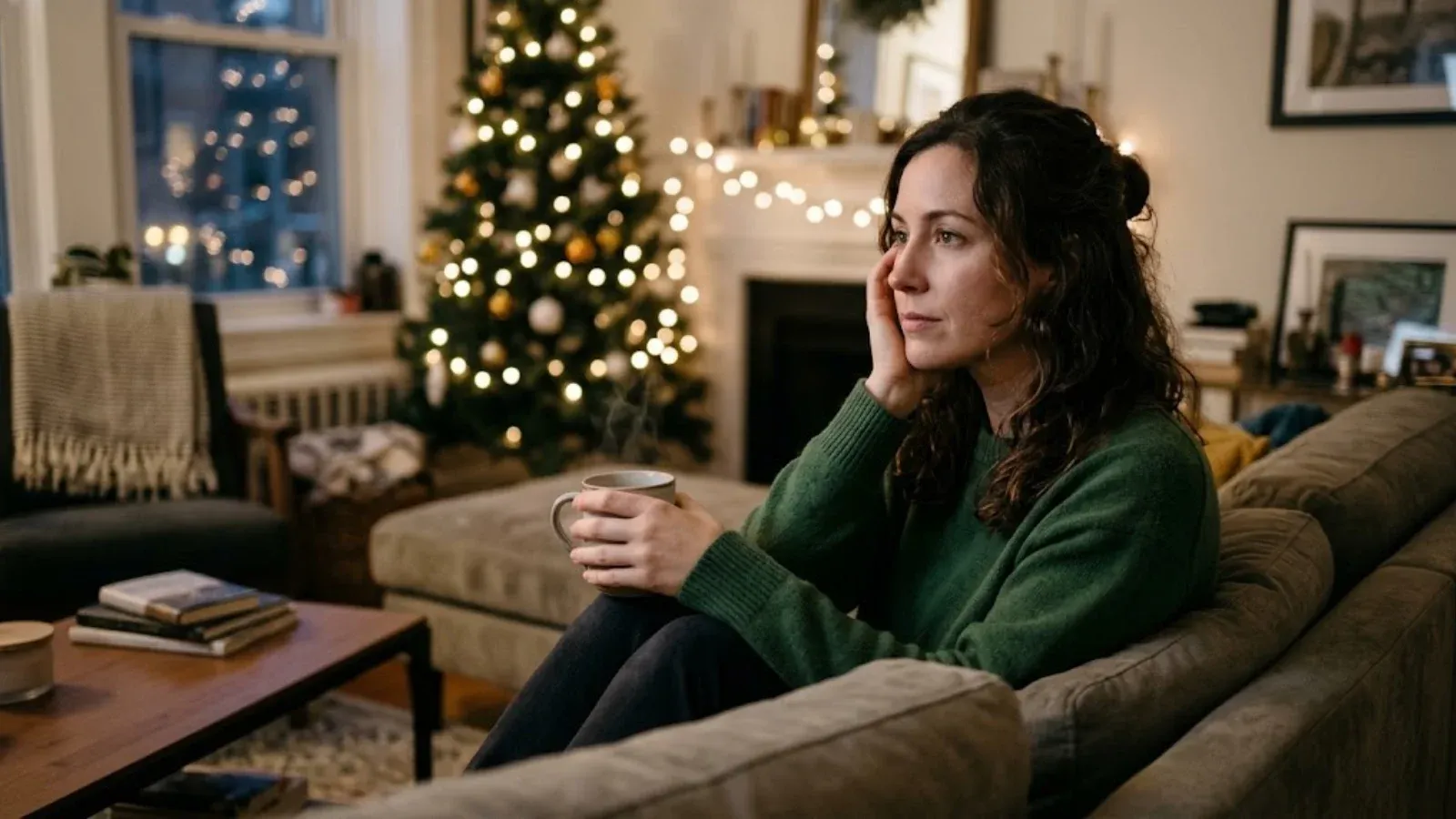 A woman alone with a mug by holiday lights