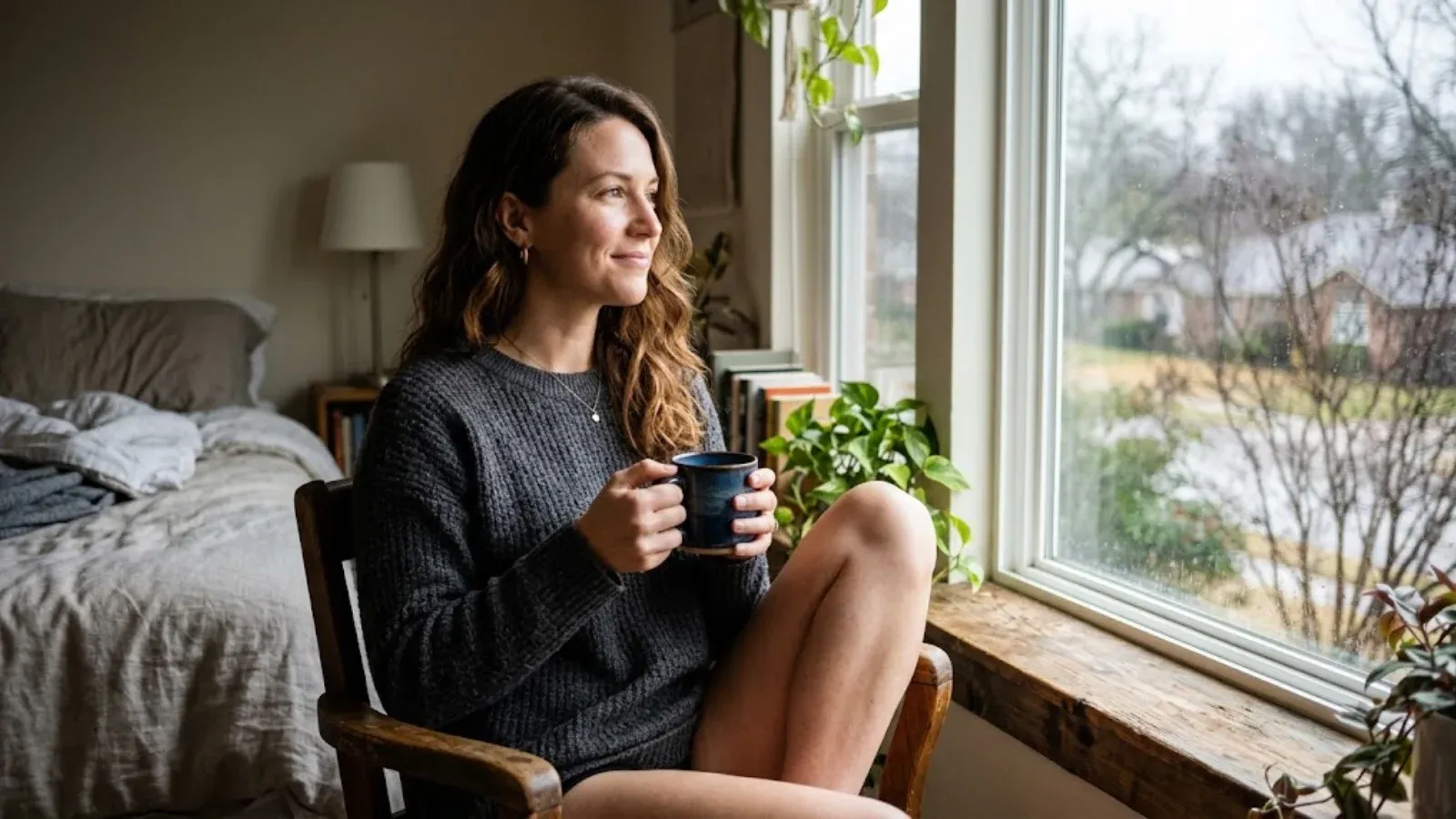 A woman near a bright window on a gray winter morning