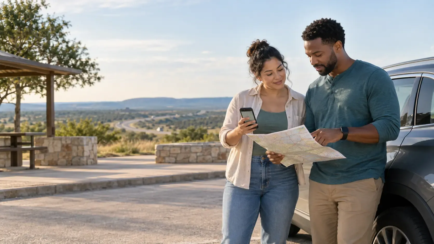Two adults review a paper route and phone beside a parked car at a highway rest area.