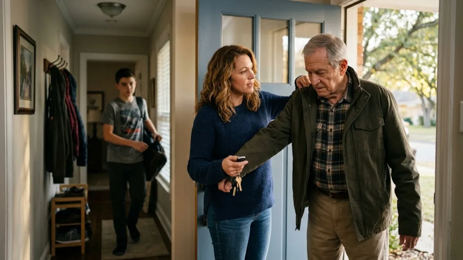 A woman helping her elderly father into his jacket at the front door while her teenage son waits in the hall