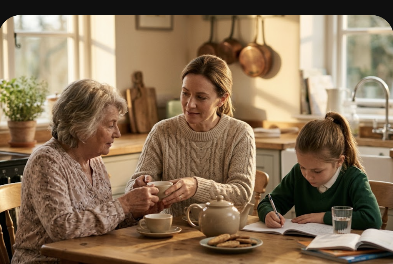 Woman in her 40s at the kitchen table caring for her elderly mother while her daughter does homework, the sandwich generation carrying both directions at once
