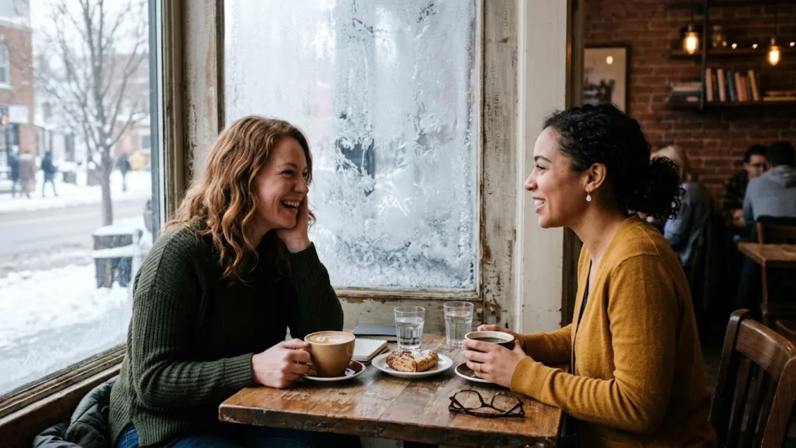Two friends sharing coffee by a window in winter