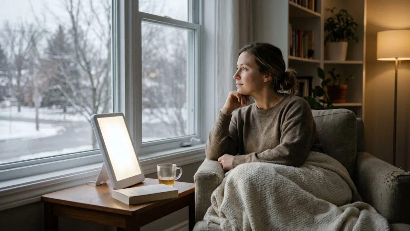A woman by a window on a gray winter day