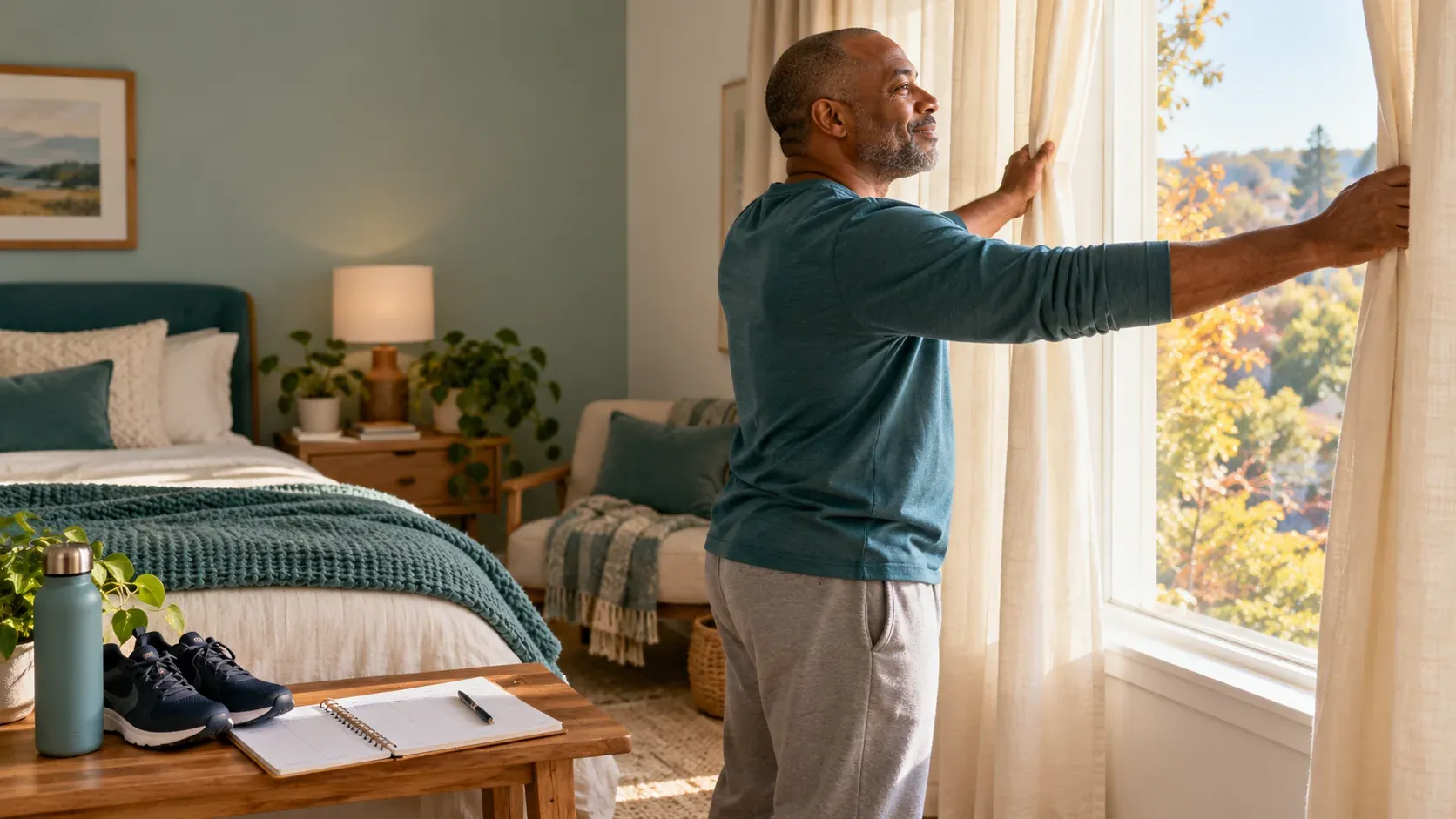 Man opens cream curtains beside a planner and walking shoes in a sunlit bedroom.