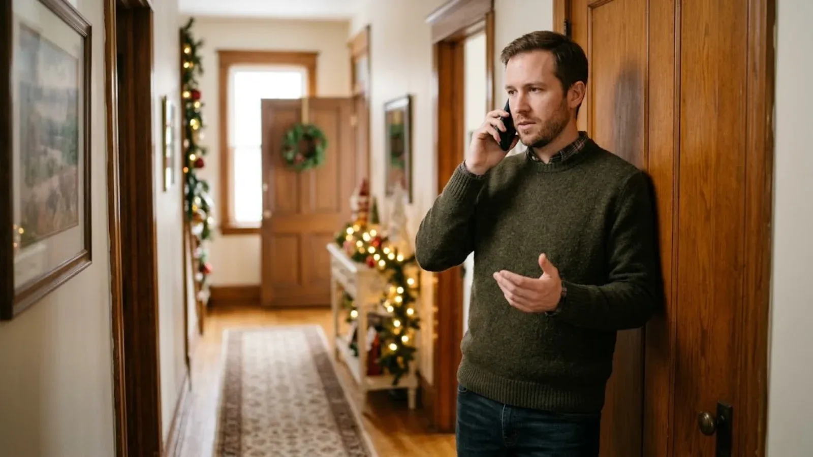 A man on the phone in a quiet hallway with holiday decor in the background