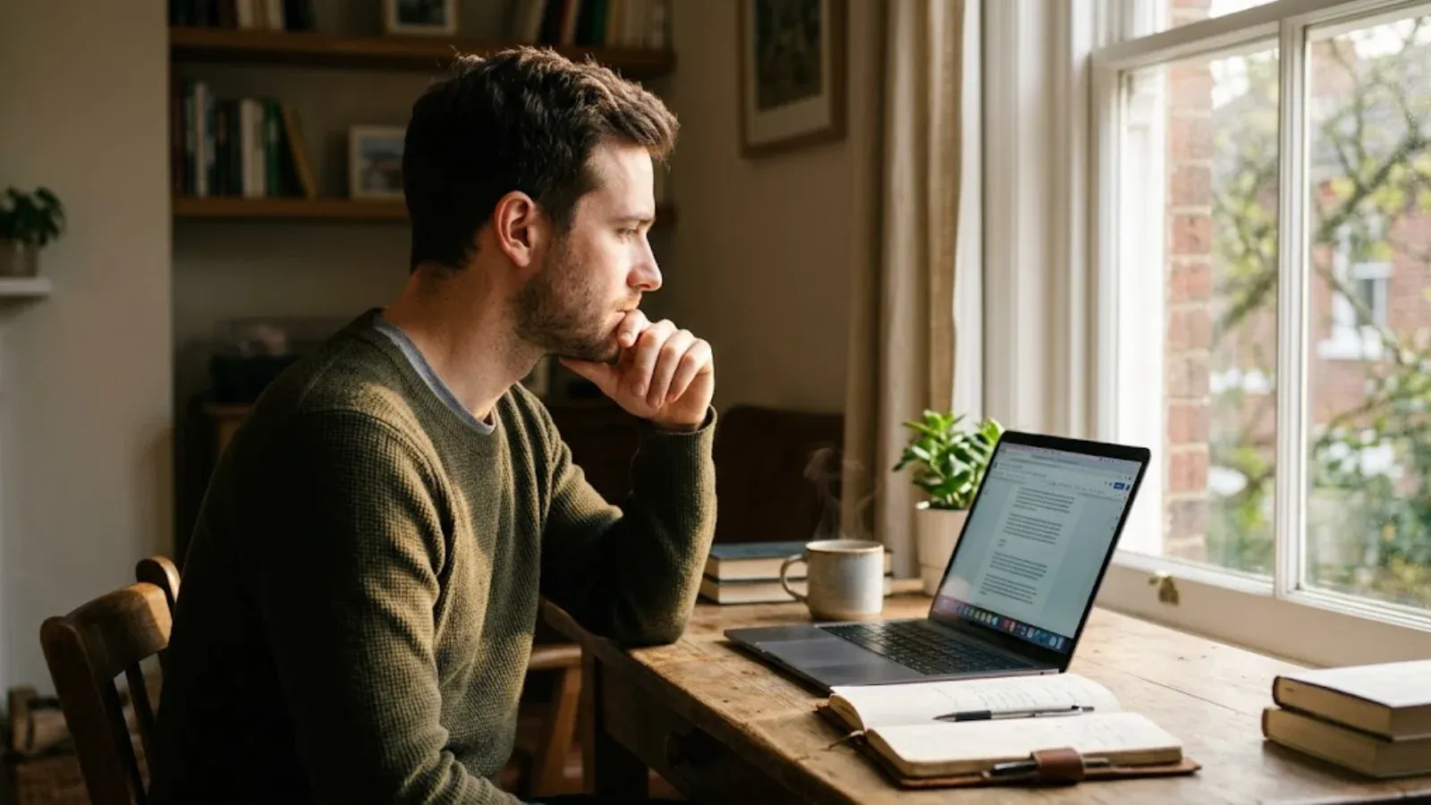 A man pausing thoughtfully at his laptop by a window while deciding what to write