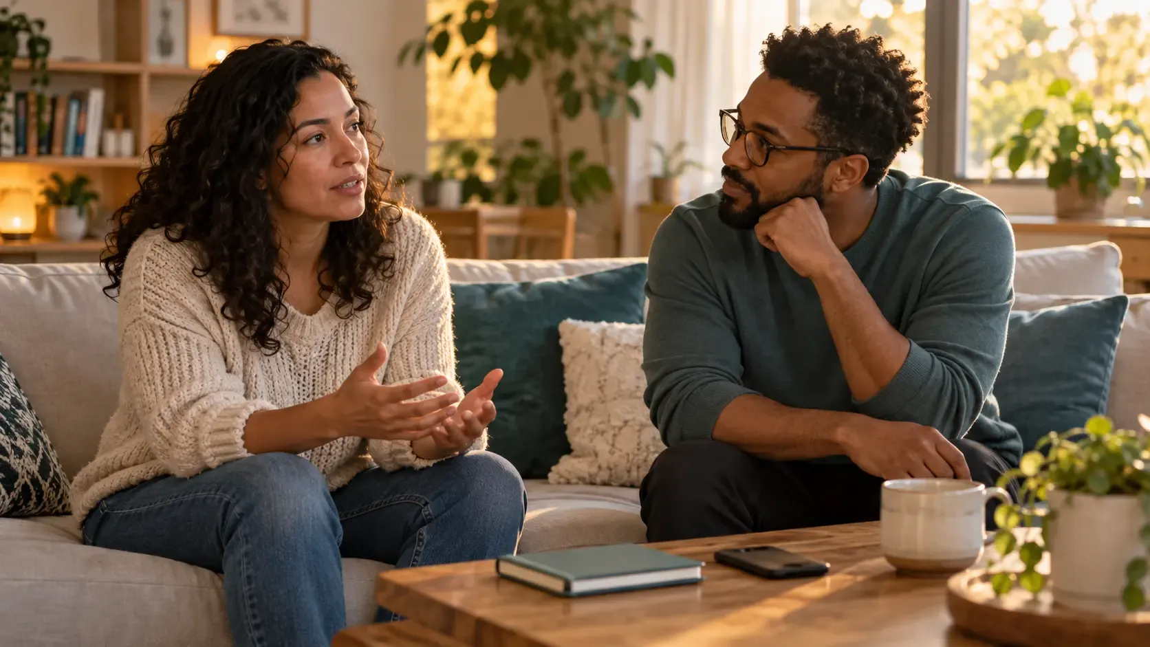 Two adults have a thoughtful conversation beside a closed notebook and face-down phone.