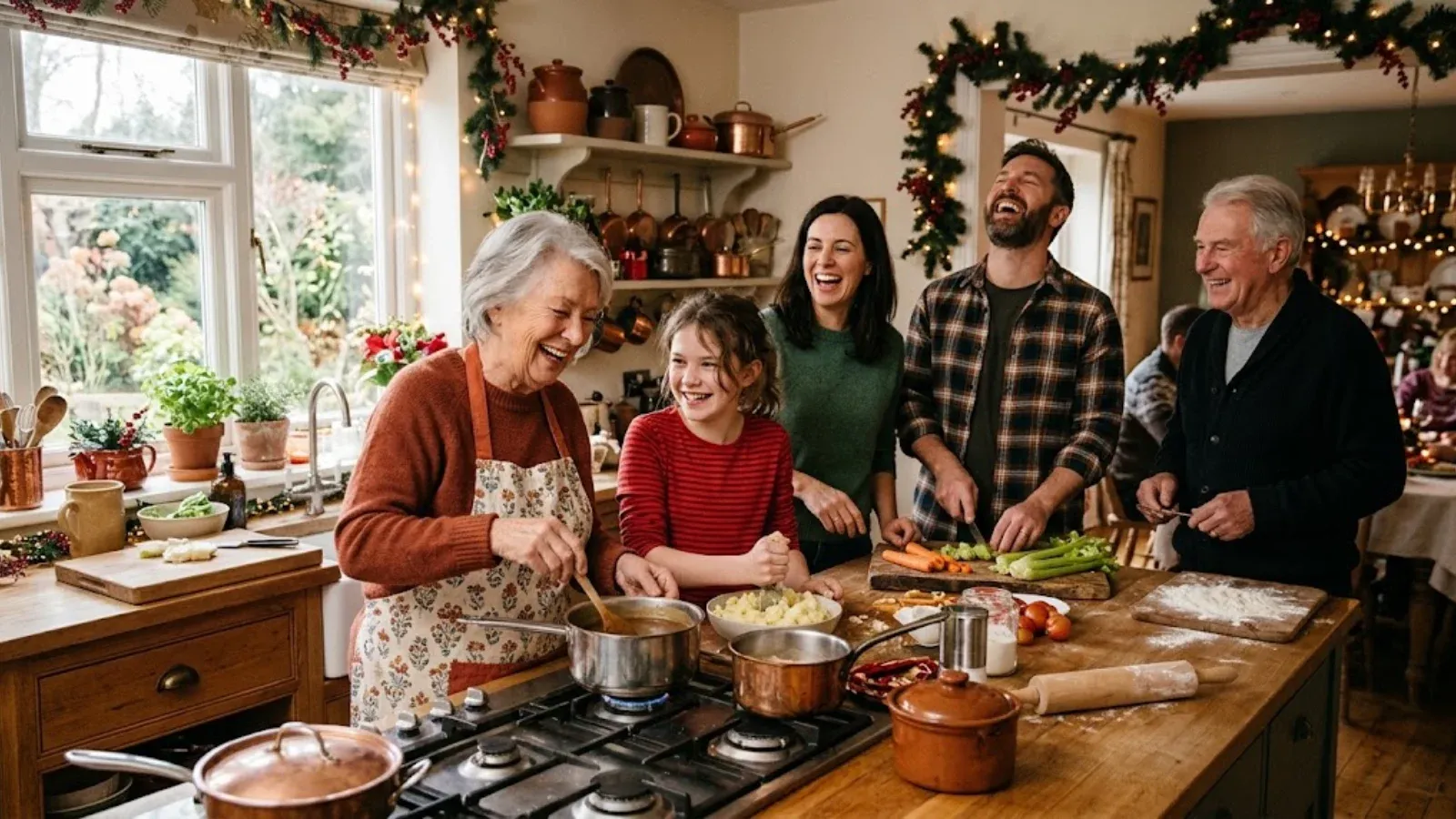 A multigenerational family cooking together in a warm holiday kitchen