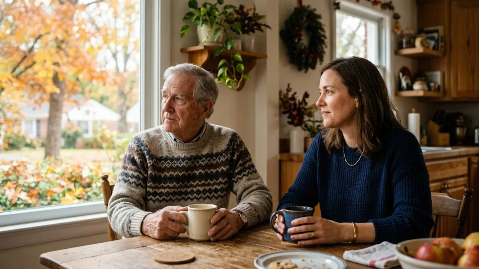 An adult daughter and her elderly father talking at a kitchen table during a holiday visit