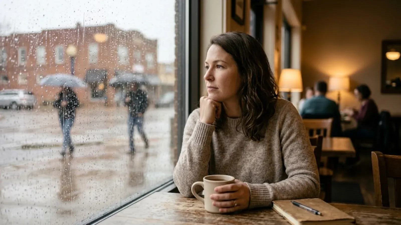 A woman gazing out a cafe window on a rainy day