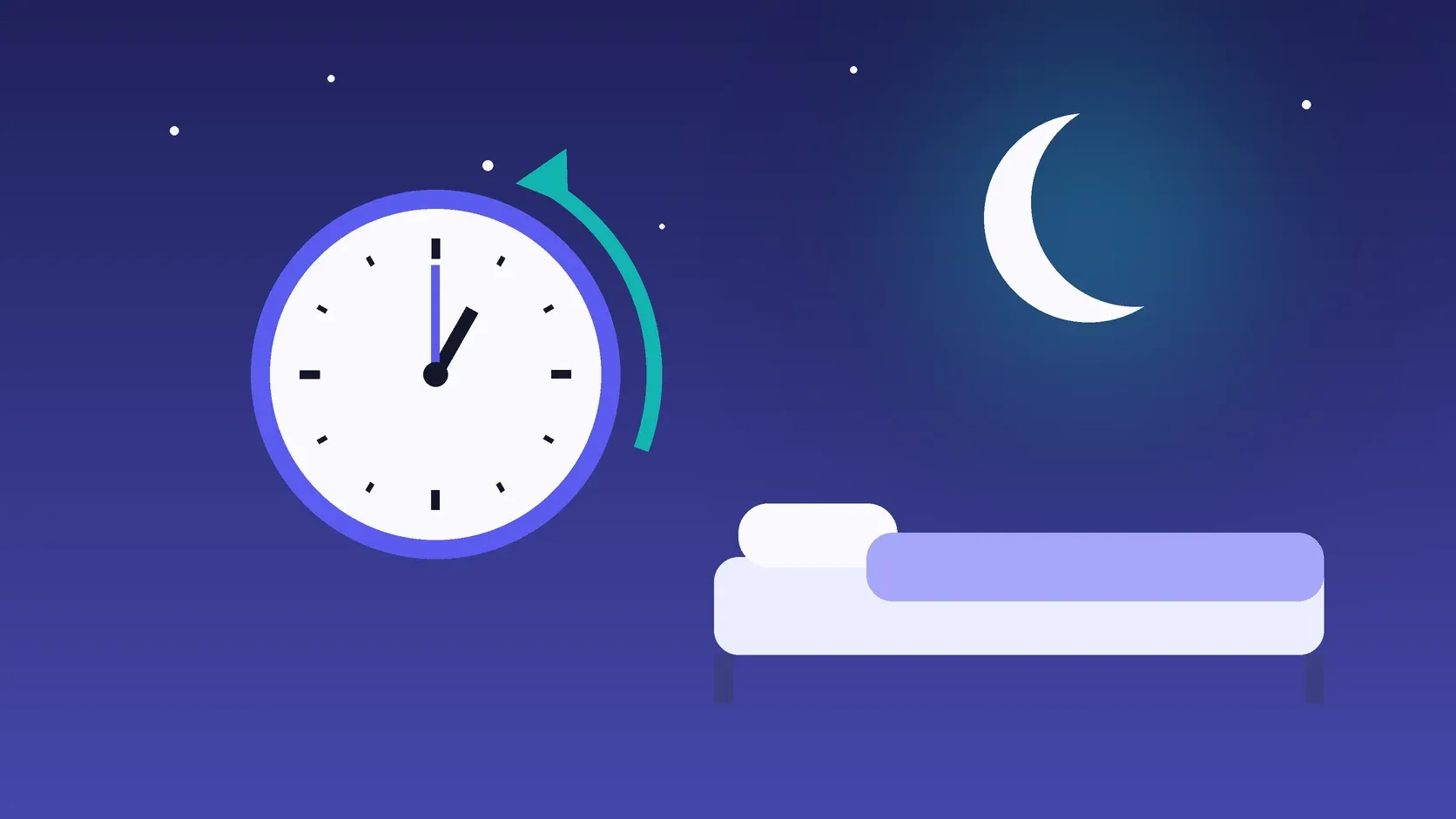 Illustration of a bedside clock turned back one hour beside a bed under a crescent moon at night.
