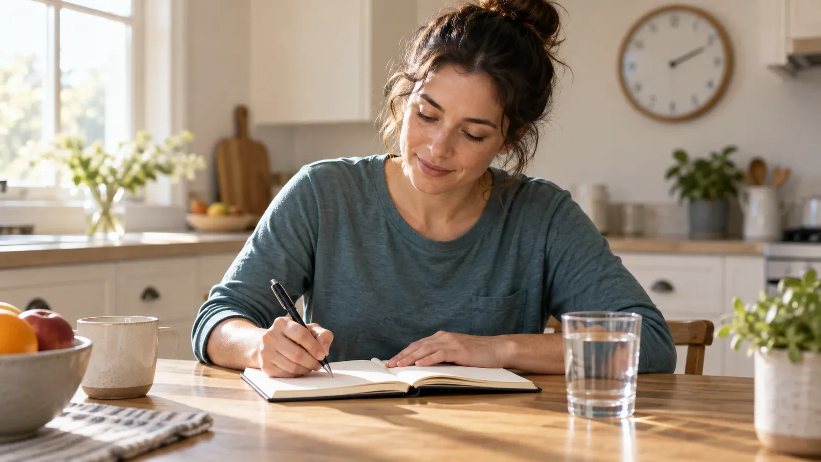 Woman writes in a notebook beside a glass of water at a sunlit kitchen table.