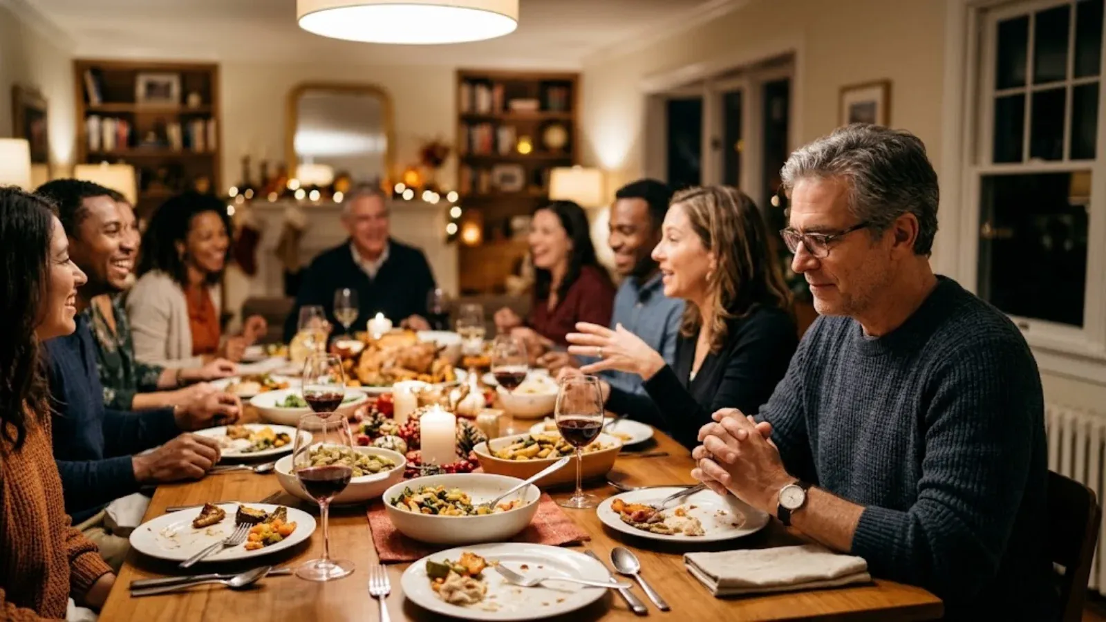 A man sitting quietly at the edge of a Thanksgiving table