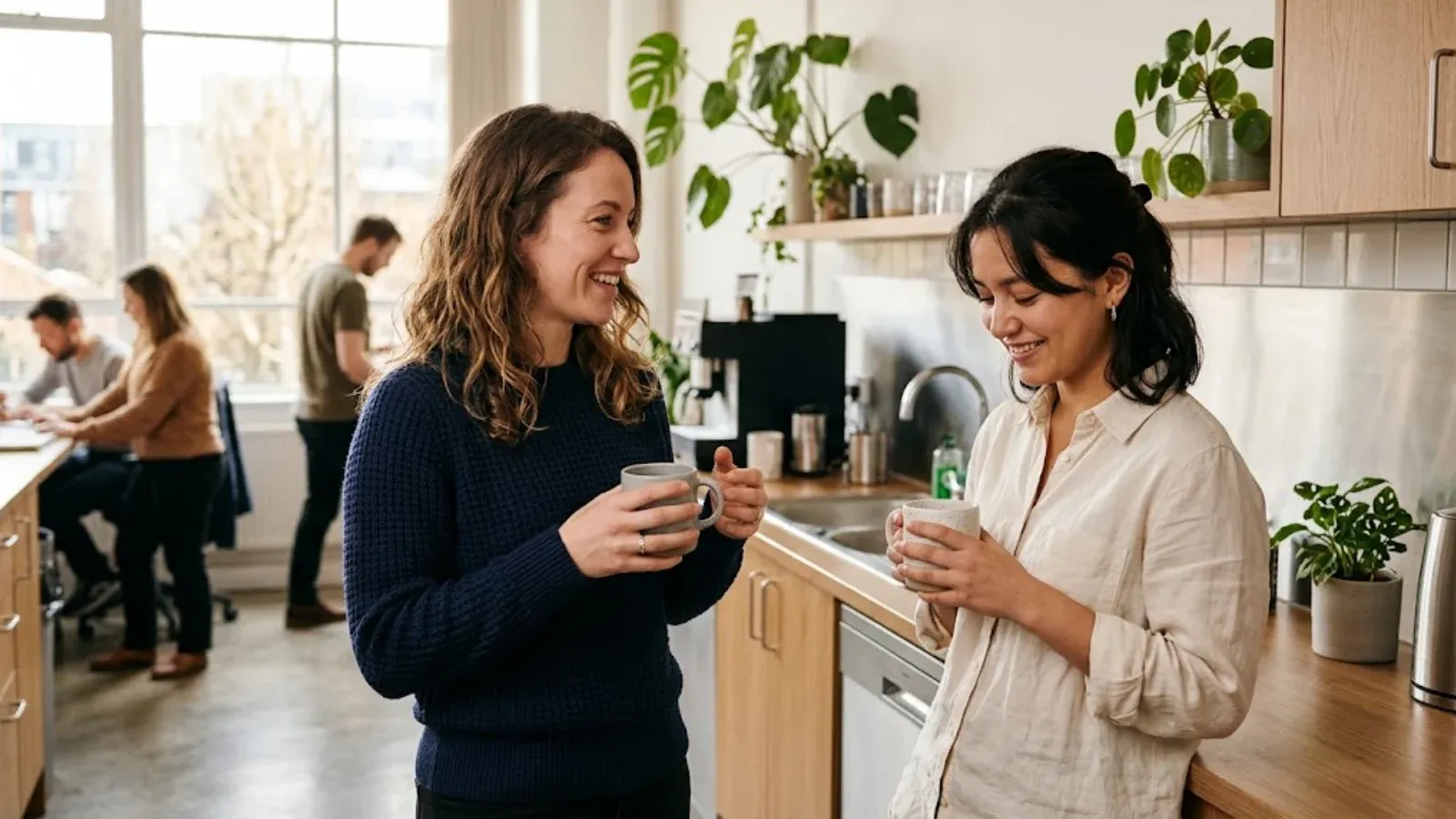 Two coworkers chatting casually in an office kitchen