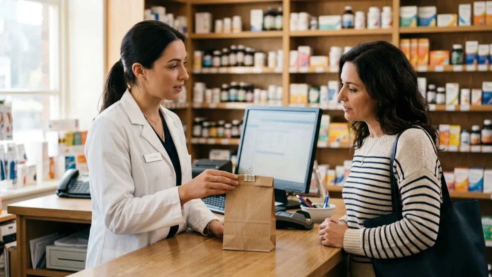 A pharmacist explaining a prescription to a customer at a pharmacy counter