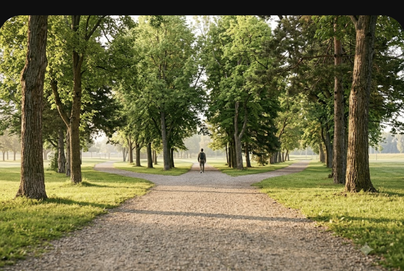 Park path forking into two similar tree-lined trails at sunrise, like choosing between an SSRI and an SNRI with a prescriber's guidance