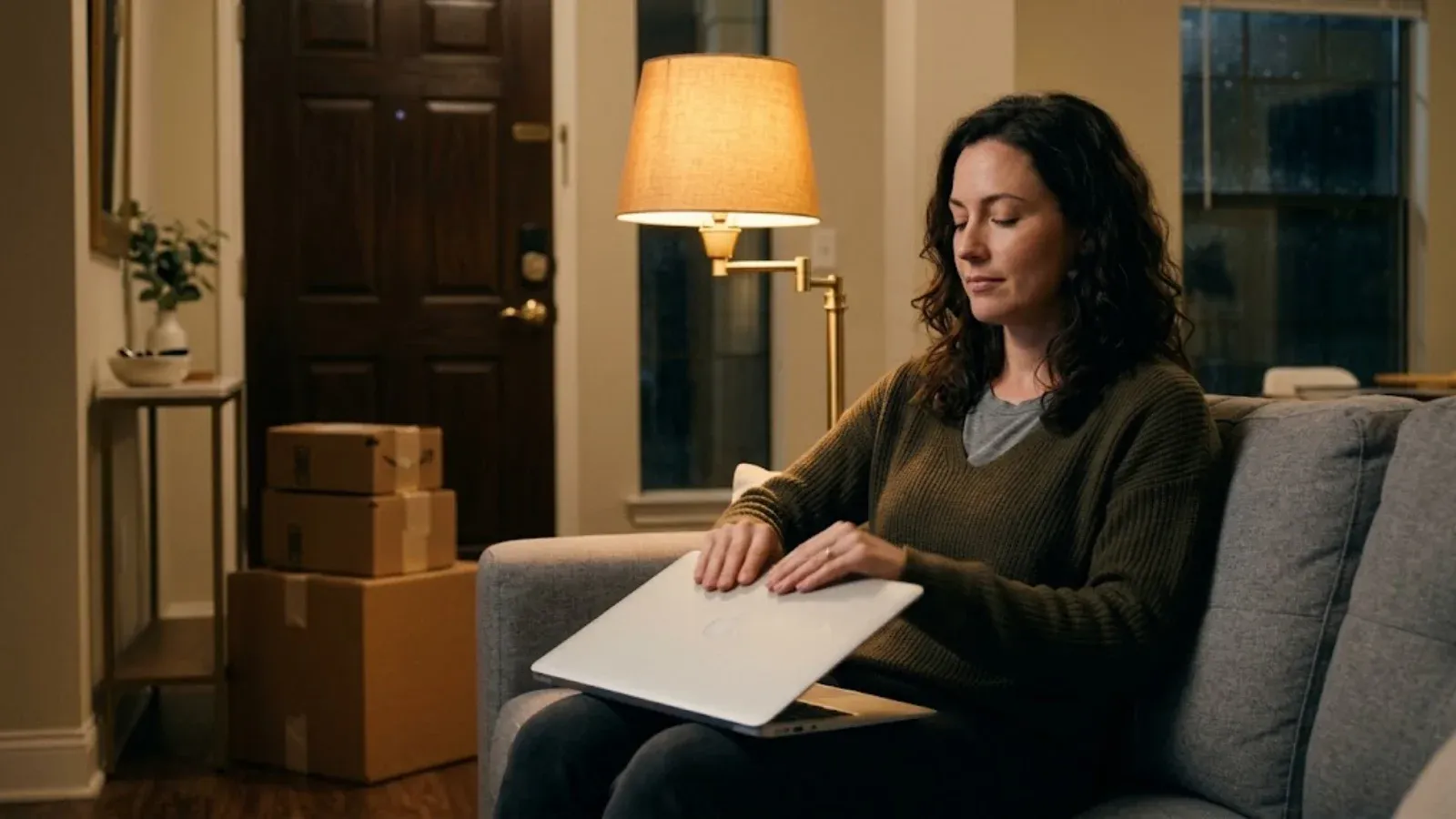 A woman on a sofa at night closing her laptop calmly, with delivery boxes by the door