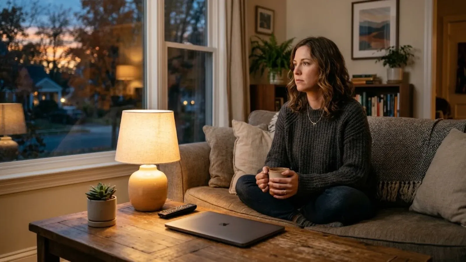 A woman on a couch on a Sunday evening beside a closed laptop and a lamp