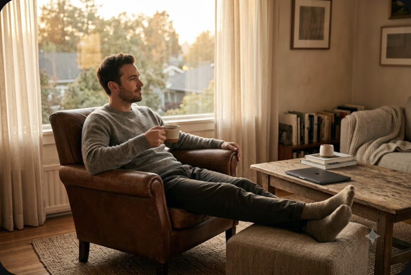 Man relaxing in an armchair with tea on a Sunday evening at golden hour, laptop closed on the coffee table, a weekend without the Sunday scaries
