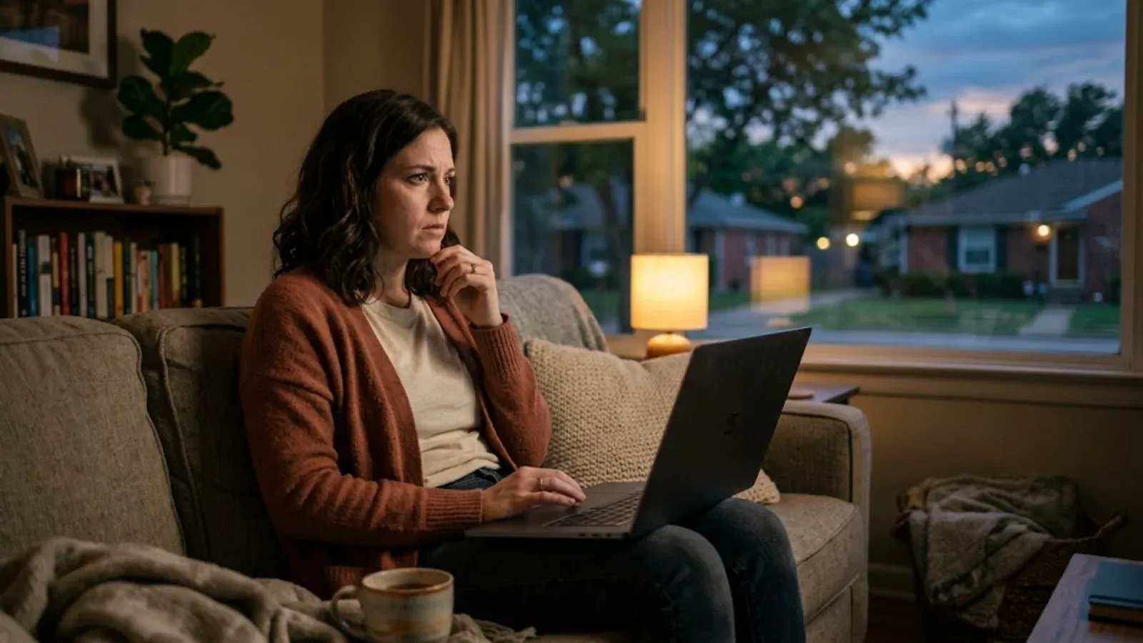 A woman on her couch on a Sunday evening with a laptop, looking tense about the week ahead