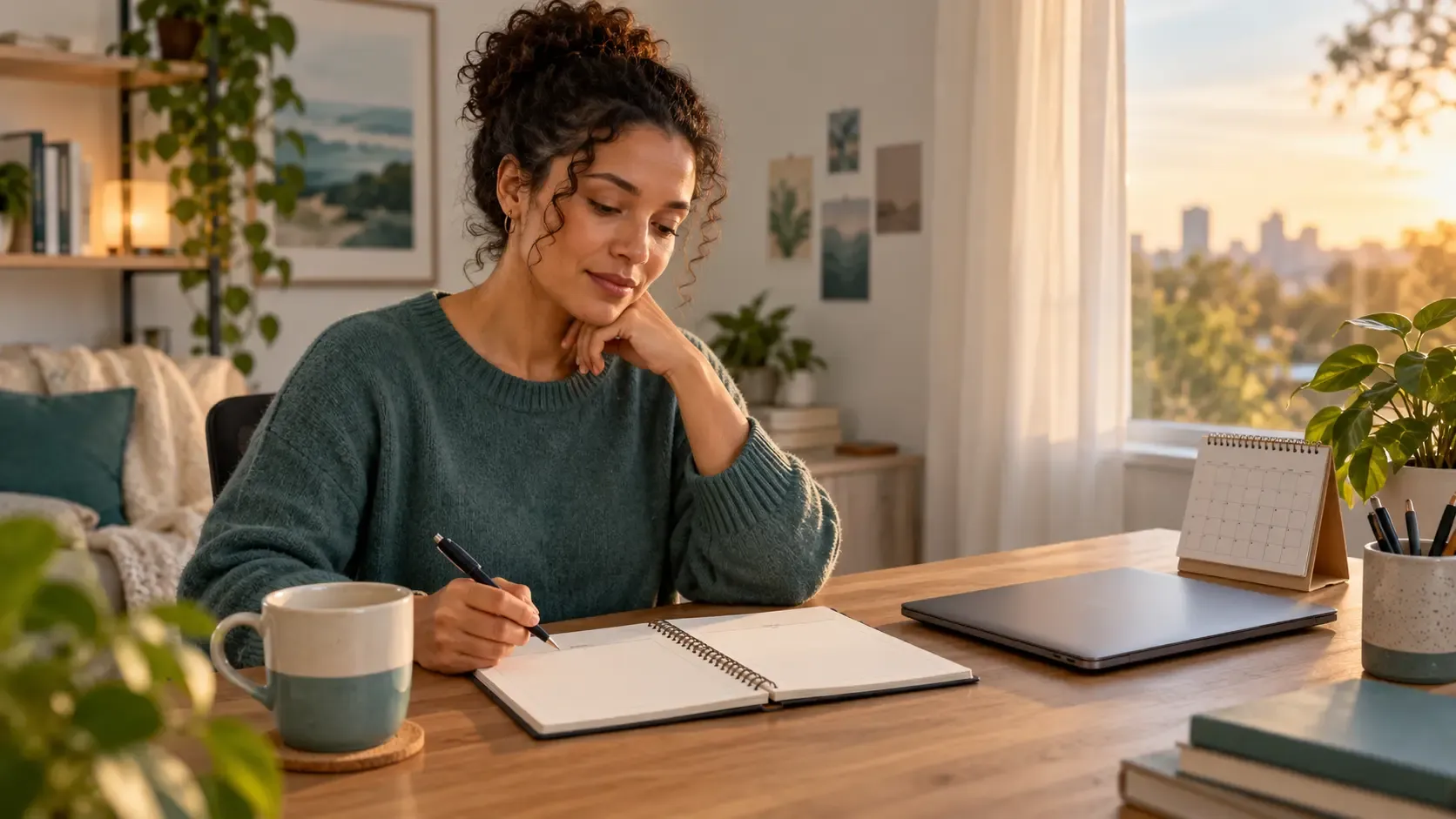 Woman reviews a weekly planner beside a closed laptop at a sunlit home desk.