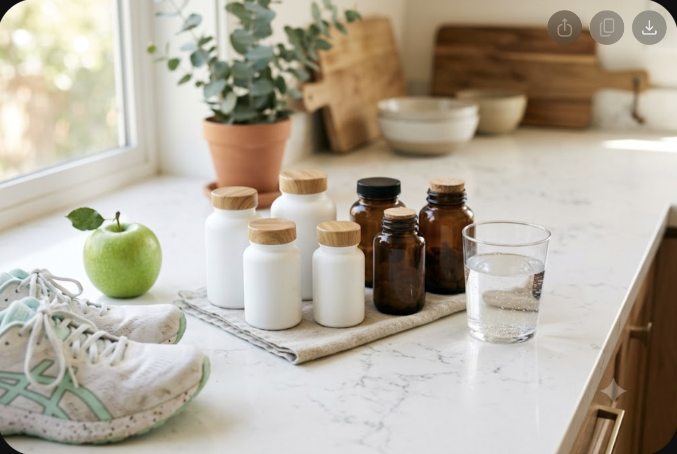 Flat-lay of unlabeled supplement bottles beside a glass of water, green apple and running shoes on a bright kitchen counter, weighing supplements for anxiety against proven treatments