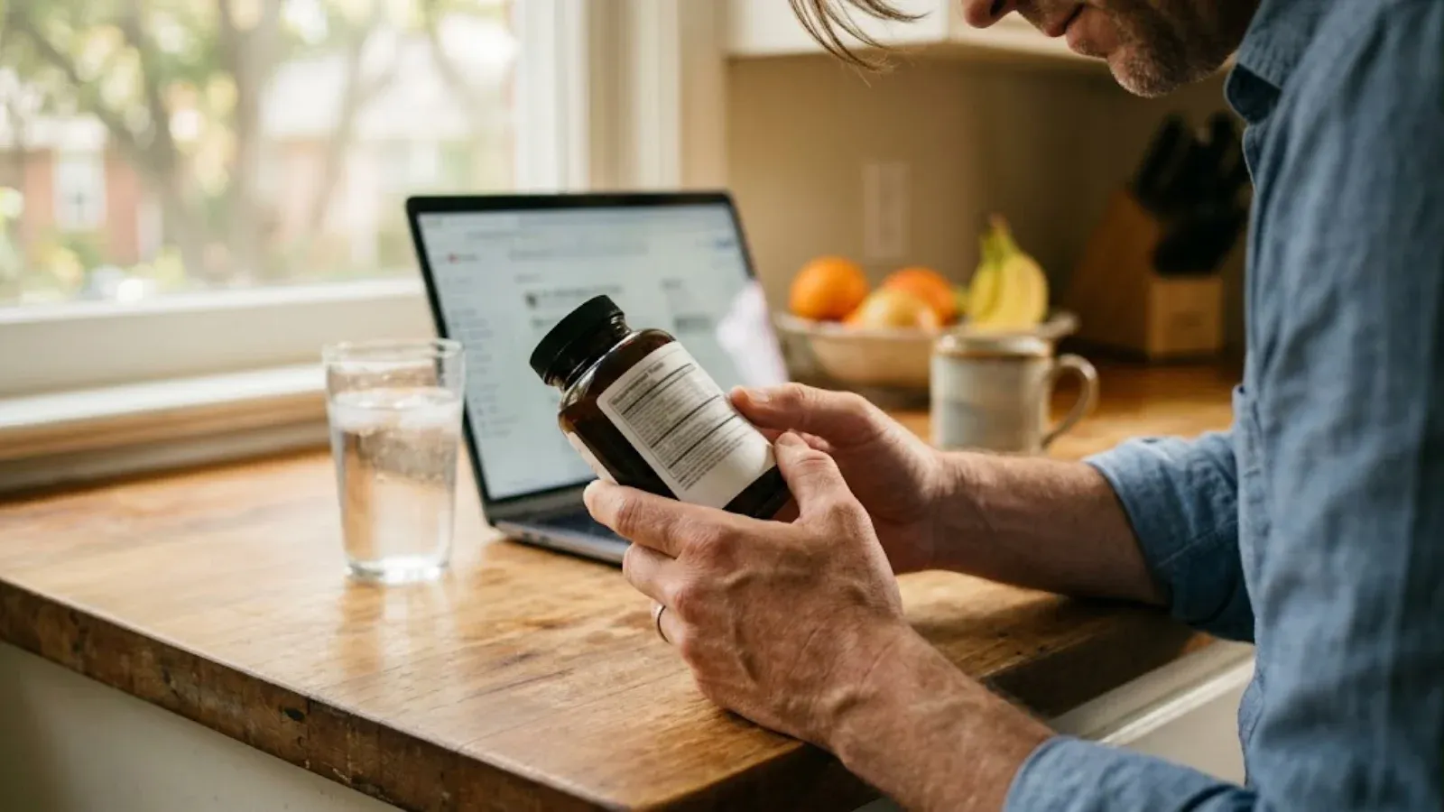 A man at his kitchen counter carefully reading the label on a supplement bottle