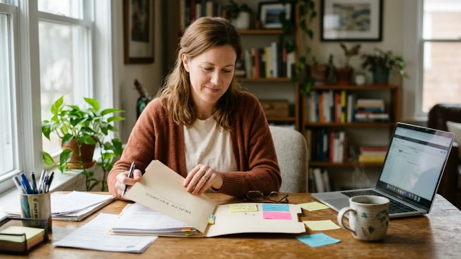 A woman organizing a folder of health records at her desk beside a laptop
