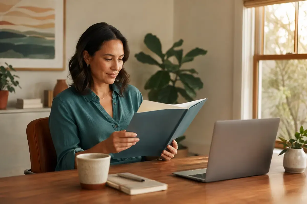 Patient reviewing a care-transition folder beside a telehealth laptop while switching psychiatrists without interrupting treatment
